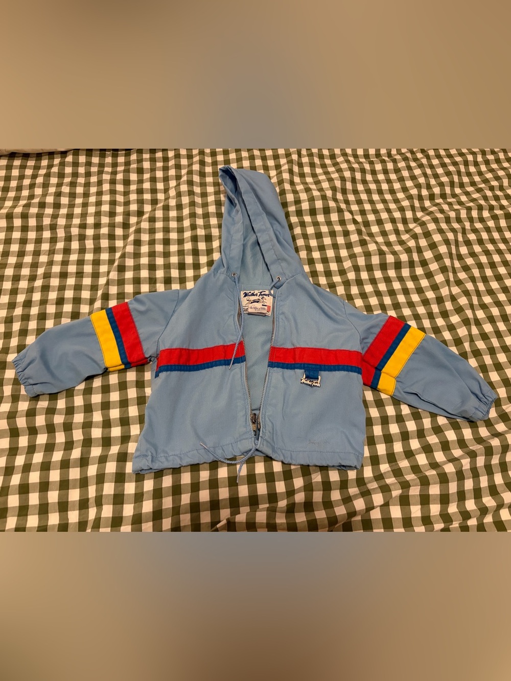 Kids vintage Light Blue Hooded jacket with Red & Yellow Stripe Accents